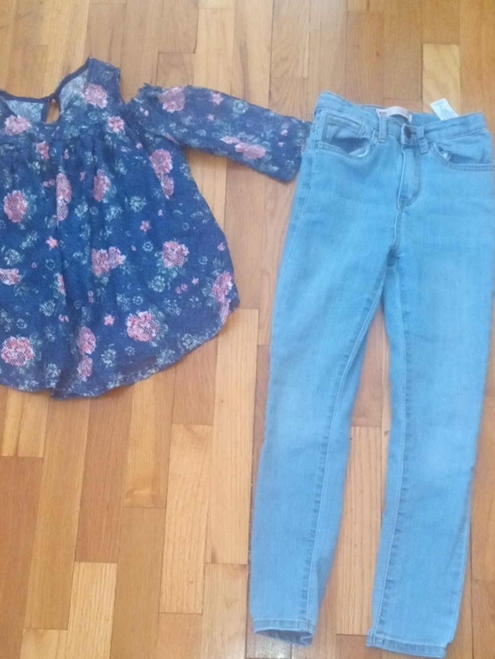 girl 7 skinny jeans, and blue colder shoulder top lace accent
